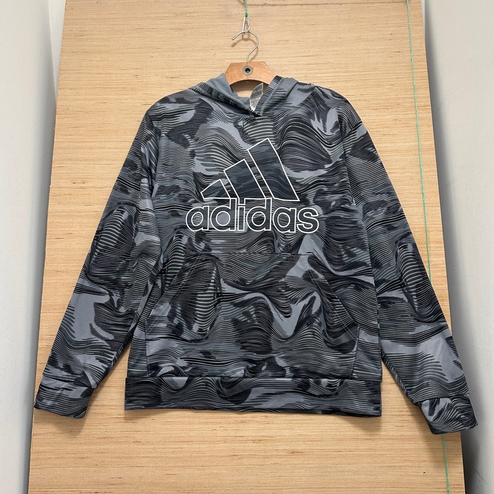 Adidas Boys XL 18/20 Hoodie Grey Black Topographic Wave Logo Fleece Pullover